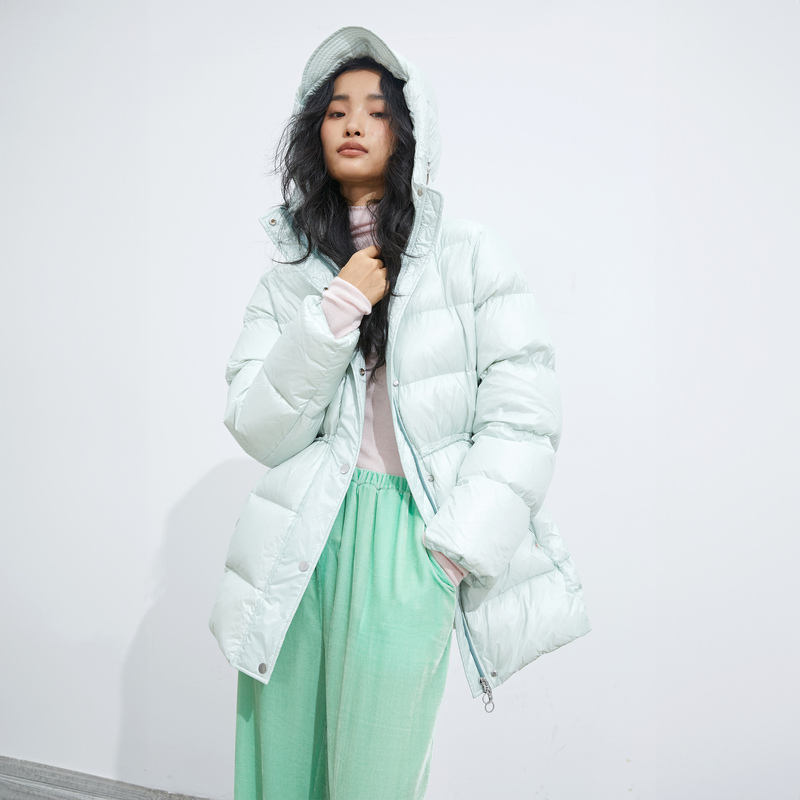 Arden Niche Design Light Green Glossy 95% White Goose down Thickened Hooded Loose-Fitting Waist-Cinching down Jacket