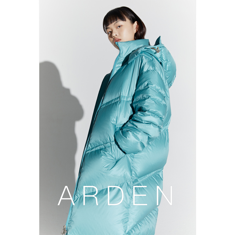 Arden Designer Changbai Mountain 95 White Goose down Glossy Lake Blue Thick Long Loose Hooded down Jacket