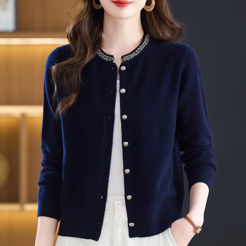 Spring and Autumn 100% Pure Wool Cardigan Women's Fashion Jacket Round Neck Knitted Mother's Sweater Stylish Outerwear Cashmere Sweater