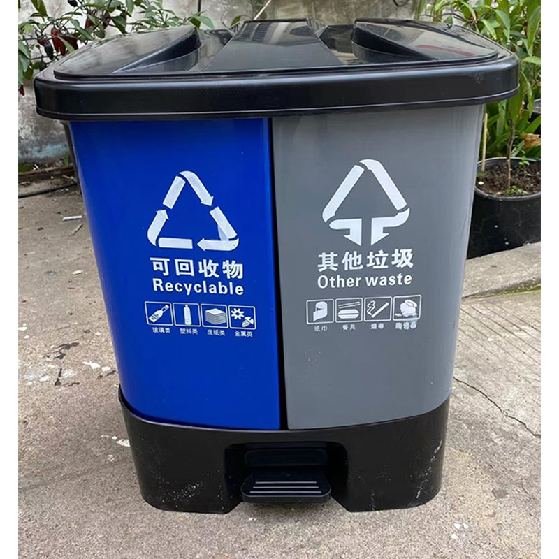 垃圾分类垃圾桶家用商用学校干湿有害厨余三合一脚踩双桶100L厂家