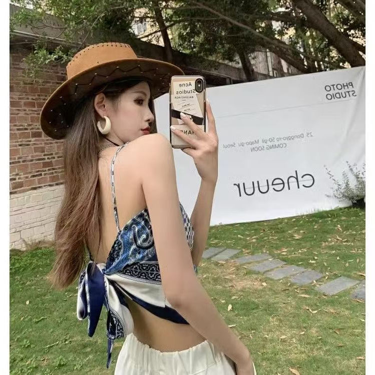 Trendy Influencer Style Ultra-Sexy Tube Top Satin Triangle Scarf Camisole with Bow Tie and Paisley Print Blue Tank Top
