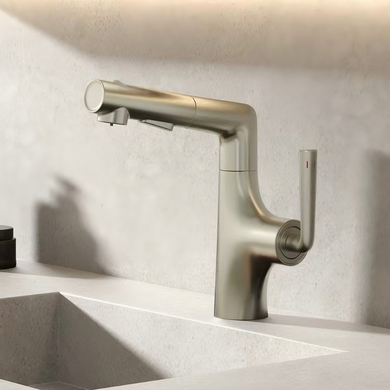 Brushed Copper and Nickel Pull-Out Basin Faucet, Hot and Cold Bathroom Sink Faucet, Adjustable and Rotating Brushed Faucet