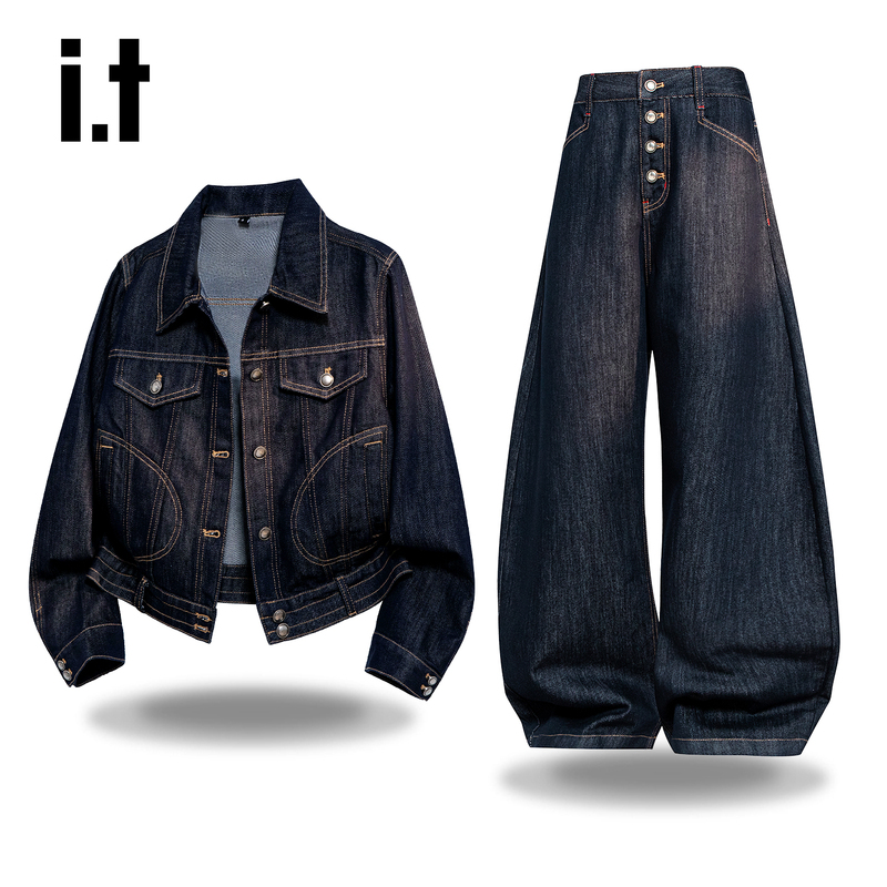It: Chocoolate Retro Denim Blue Denim Suit for Women, Autumn Jacket, Buttoned Wide-Leg Pants Two-Piece Set It: Chocoolate Retro Denim Blue Denim Suit for Women, Autumn Jacket, Buttoned Wide-Leg Pants Two-Piece Set
