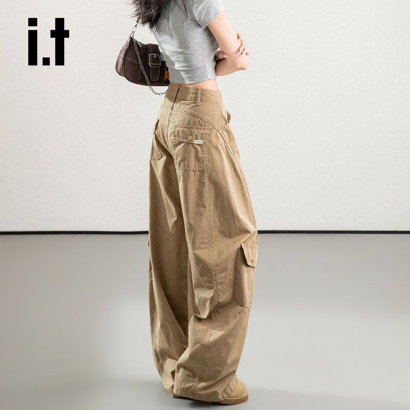 It: Chocoolate Coffee-Colored Scimitar-Style Cargo Pants for Women, American Design, Loose Fit, Slimming, Wide-Leg Casual Pants