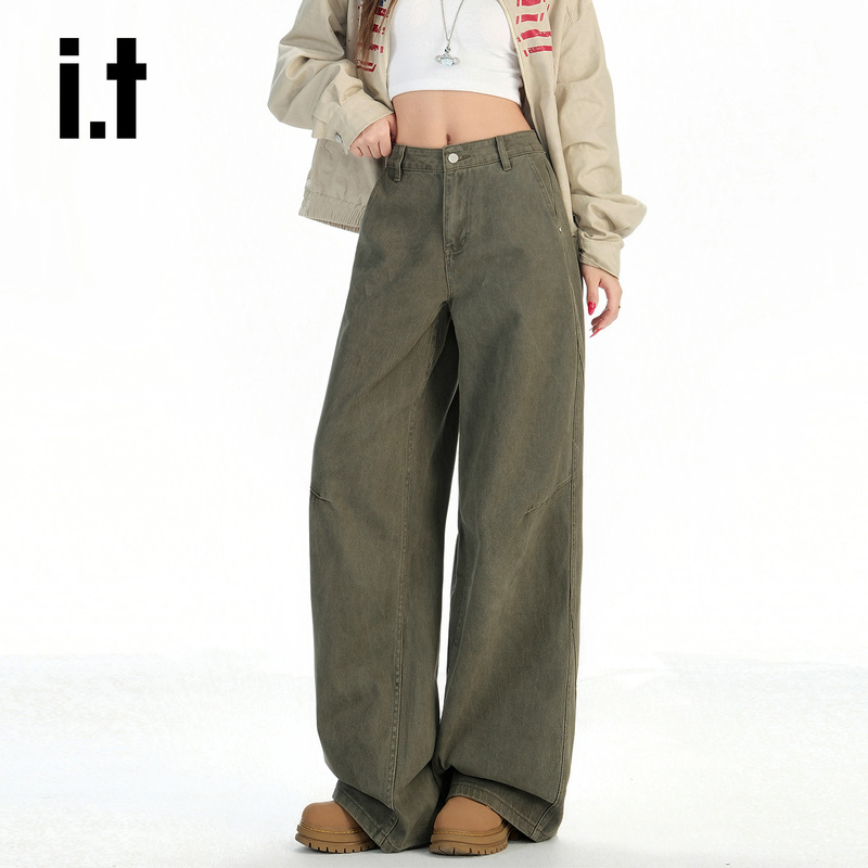 It: Chocoolate Retro Military Green Straight-Leg Jeans for Women, New High-Waisted Design, Loose Wide-Leg Pants