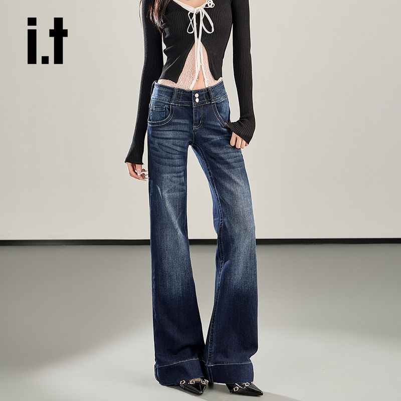 It:Chocoolate American Retro Low-Waist Flared Jeans for Women, New Autumn Style Slim Fit Double-Button Bootcut Pants