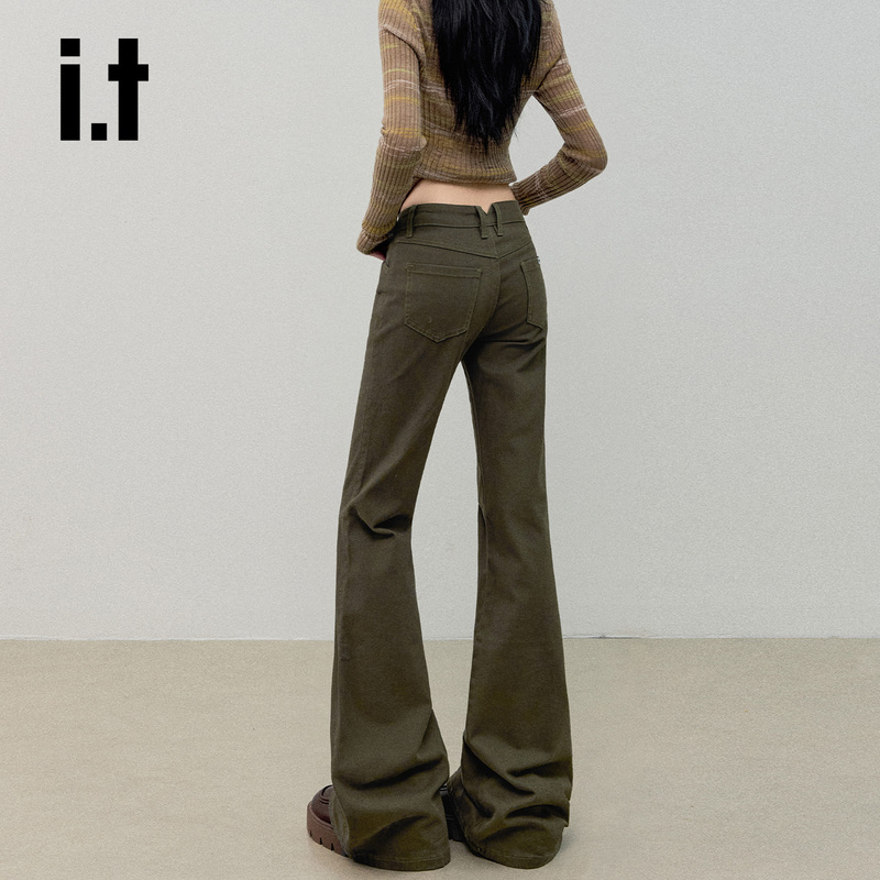 It: Chocoolate High Street Hot Girl Army Green Low-Waisted Flared Jeans for Women, Spring Vintage Slim Fit Bell-Bottom Pants