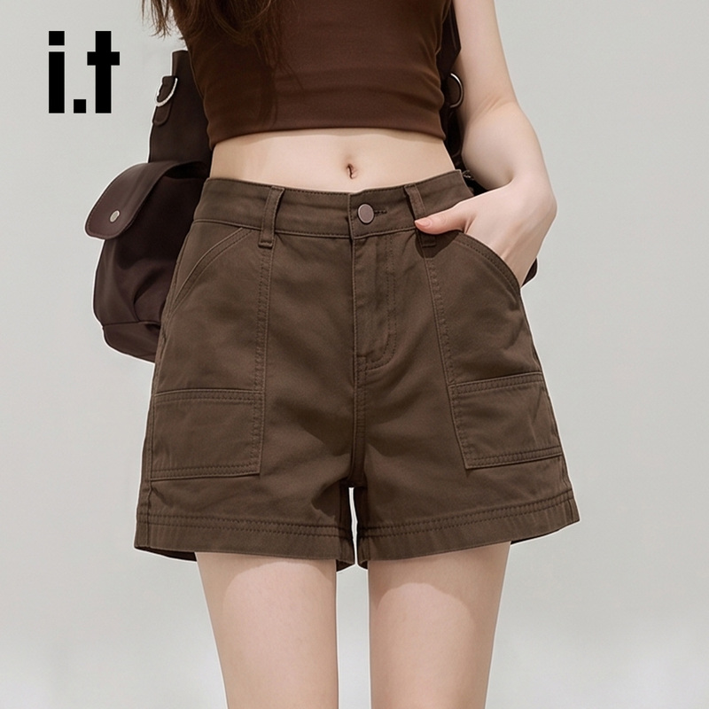 It: Chocoolate Retro Coffee-Colored Denim Cargo Shorts for Women, New Summer Style, Petite Straight A-Line Hot Pants
