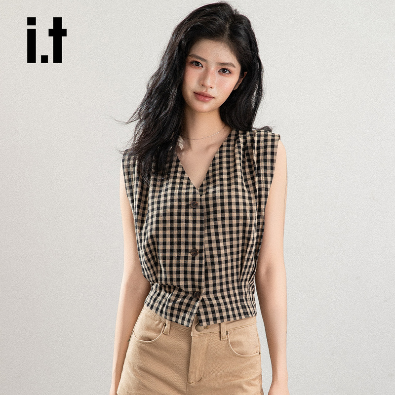 Chocoolate Retro Plaid V-Neck Vest Top for Women, Summer Niche Design, Waist-Cinching Sleeveless Blouse