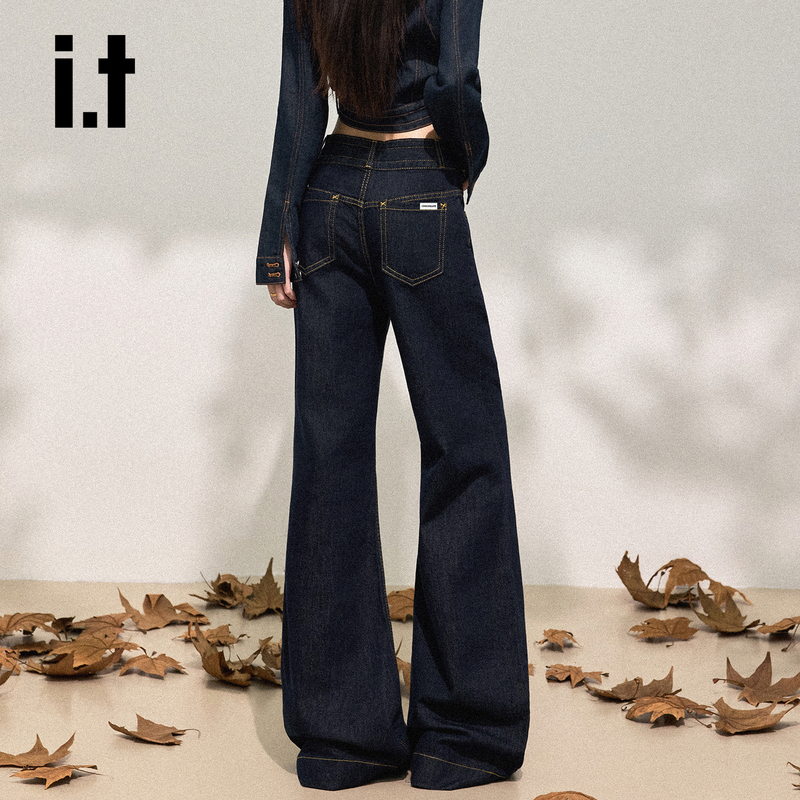 It:Chocoolate Dark Blue Retro Flared Jeans for Women, New Summer Style, Drapey Bell-Bottom Pants It:Chocoolate Dark Blue Retro Flared Jeans for Women, New Summer Style, Drapey Bell-Bottom Pants