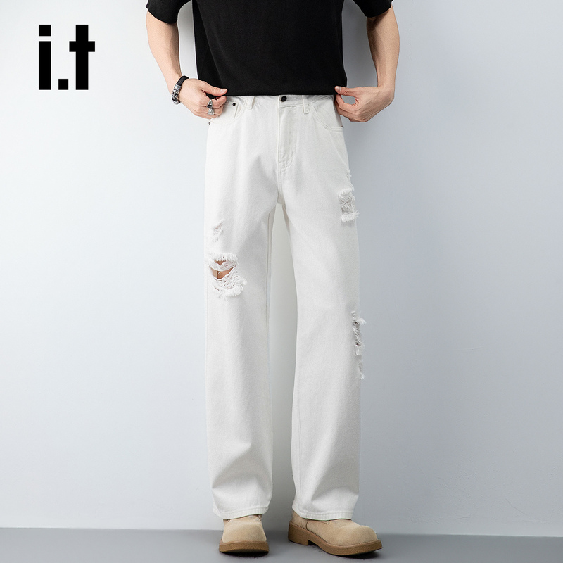 It: Chocoolate White Ripped Jeans for Men, Straight-Leg, Loose, Wide-Leg, Casual Long Pants, New Summer Style