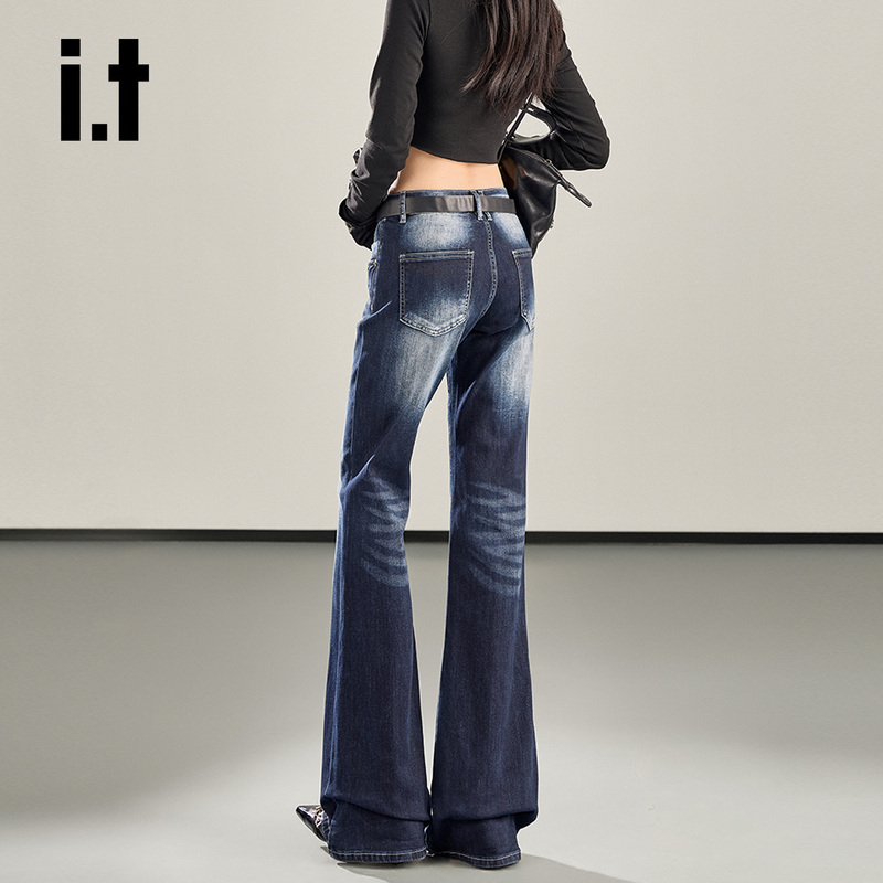 It:Chocoolate Dark Blue-Gray Low-Waist Slightly Flared Jeans for Women, New American-Style Hot Girl Slim-Fit Bootcut Pants
