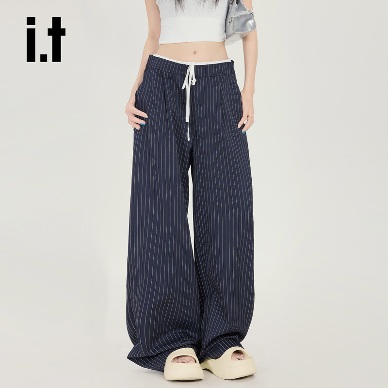 Chocoolate Patchwork Double Waistband Striped Casual Pants for Women, Summer Loose Wide-Leg Floor-Length Suit Pants Chocoolate Patchwork Double Waistband Striped Casual Pants for Women, Summer Loose Wide-Leg Floor-Length Suit Pants