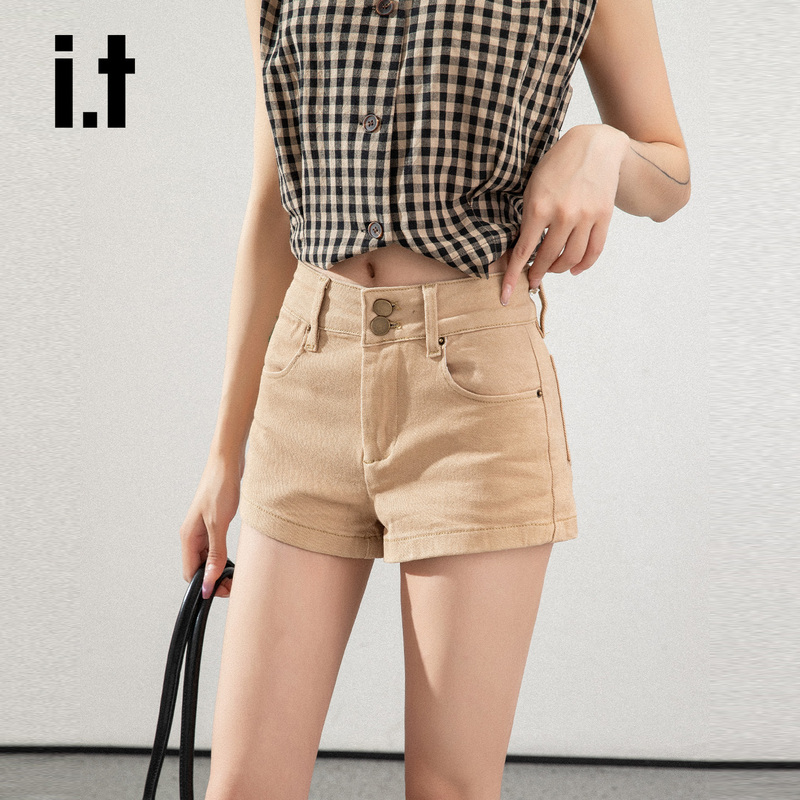 It:Chocoolate Khaki Double-Button Denim Ultra-Short Shorts for Women, Summer Hot Girl Style, Hip-Hugging, Slimming Hot Pants for Outerwear