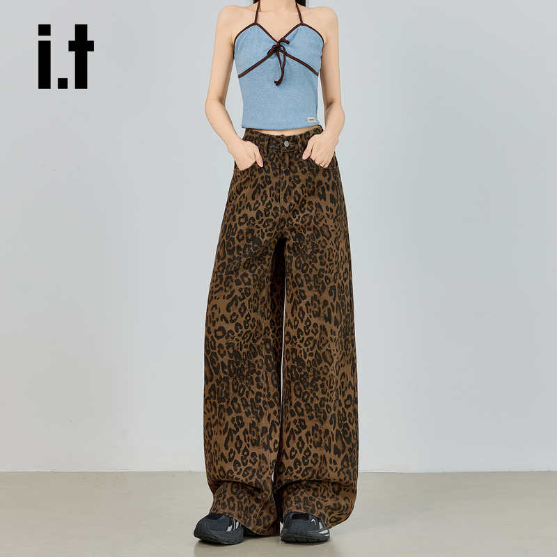It: Chocoolate Retro Leopard Print Wide-Leg Jeans for Women, Spring High-Waisted Loose Slimming Drape Straight-Leg Pants