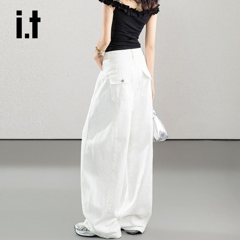It: Chocoolate Designer White Scimitar Jeans for Women, New High-Waisted Loose Slimming Wide-Leg Pants