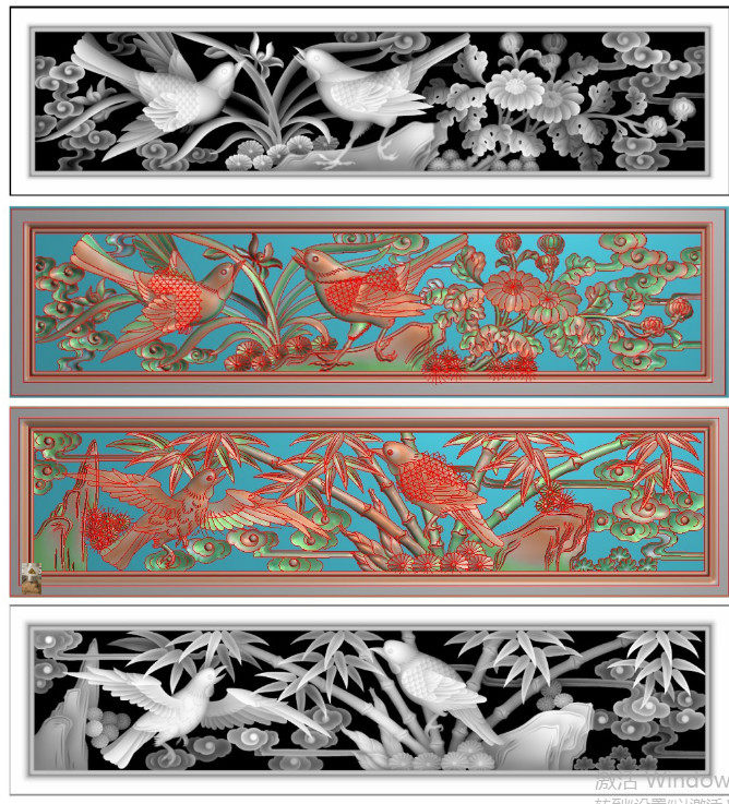 Finely Carved relief map Grey Plot Bmp Wood Carved flower Birds Melan Bamboo Chrysanthemum Horizontal Hollowed-out Drawer Bezel Double Bird