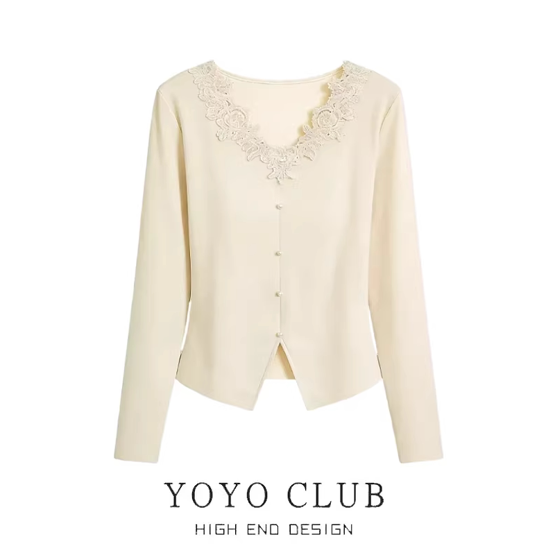 Brand Discount Plus-Size Women's Pure Desire Style Unique Lace Trim Waist-Slimming Long-Sleeve Fashion Top
