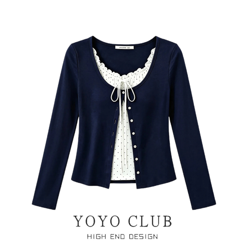 Brand Discount Korean-Style Design Fake Two-Piece Lace Patchwork Polka Dot Long-Sleeve T-Shirt for Women, Slim Fit Top