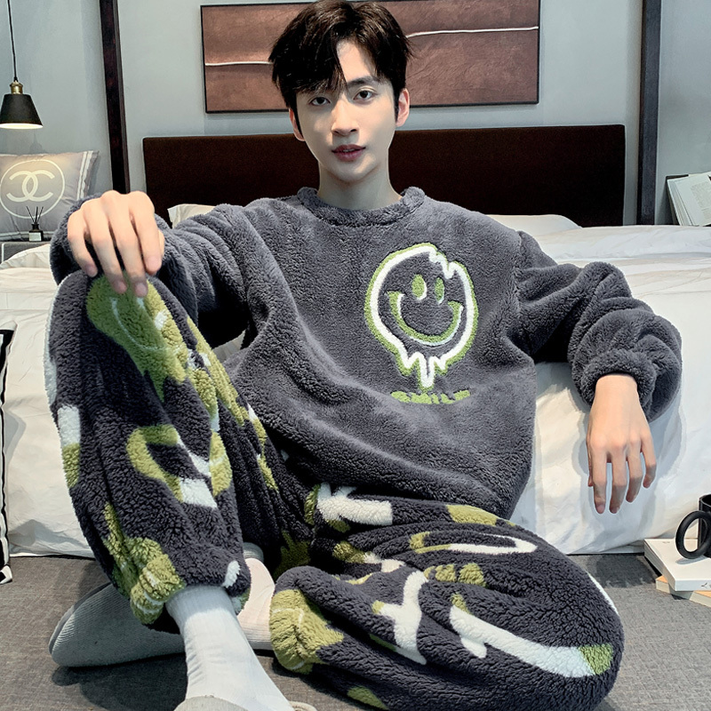 Winter Thickened Coral Velvet Pajamas for Men, Teenagers, Students, Winter Large Size Boys' Flannel Home Clothes Set