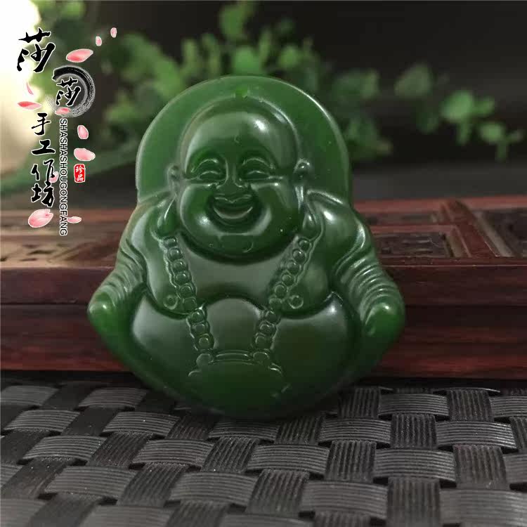 High imitation Beyyu Ruyi Buddhist Ruyi Chain pendant laughing Buddha spinach green great degree Buddha Buddha Jade Pendant Necklace