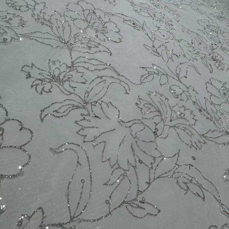 White Lace Floral Glitter Sequin Pure Silver Mesh Fabric Spray-Painted Pure Silver Wedding Dress Base Fabric Material