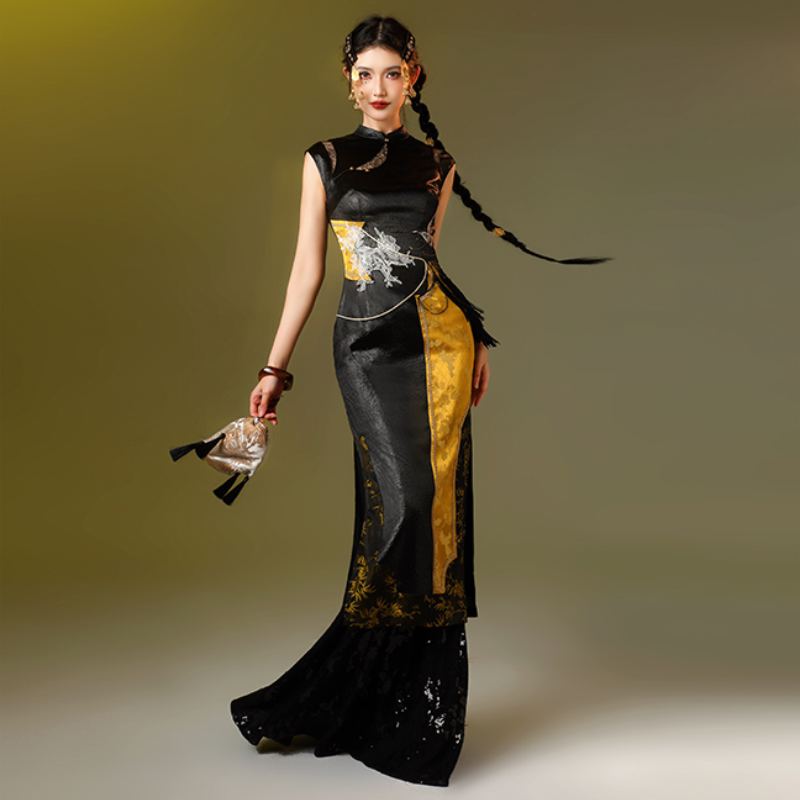 2kg LAOSHU Stacked Emerald Green and Gilded, Avant-Garde Original Black Gold Deconstructed Cool and Retro Improved Cheongsam Dress 2kg LAOSHU Stacked Emerald Green and Gilded, Avant-Garde Original Black Gold Deconstructed Cool and Retro Improved Cheongsam Dress