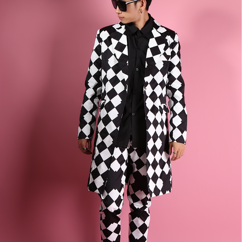 Hippopotamus big rhombus geometric vision mid-length suit trendy male Korean version slim suit long repair suit dress