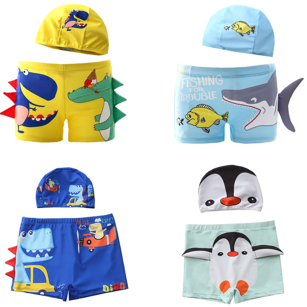 New children's swimming trunks Men's baby flat corner swimming trunks with swimming cap suit Baby elementary school dinosaur boy swimming pants
