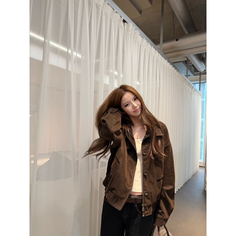 Eewen La Mode Dark Brown Velvet-Like Distressed Craft Short Workwear Leather Jacket Eewen La Mode Dark Brown Velvet-Like Distressed Craft Short Workwear Leather Jacket