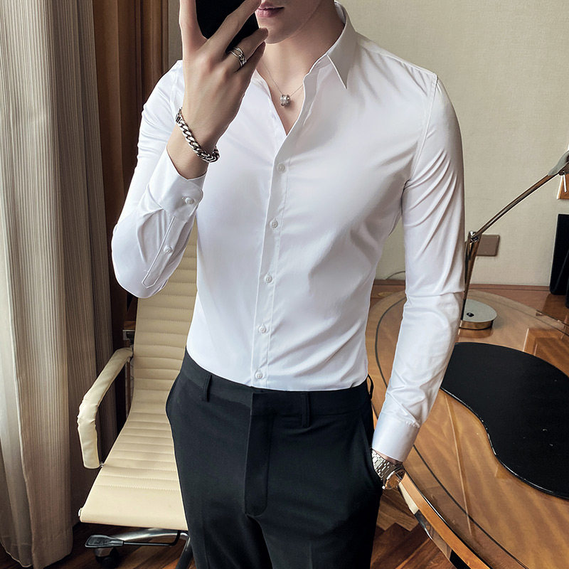 Men's long-sleeved shirt Men's Korean version of elastic slim short-sleeved shirt Men's pure white shirt Suit with a base shirt