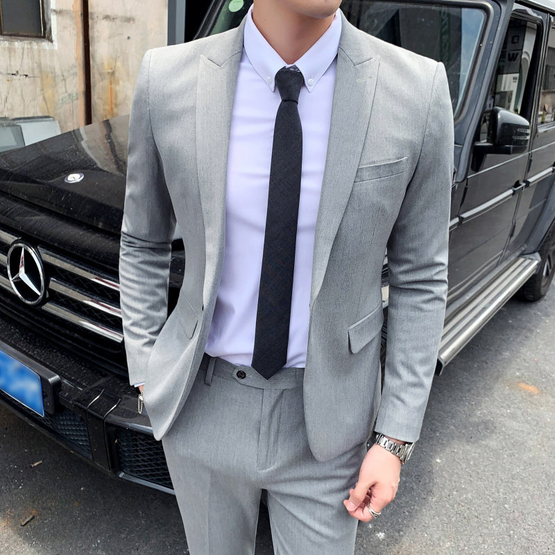 Youth solid color suit suit male wedding groom dress business casual formal dress two-piece small suit British style