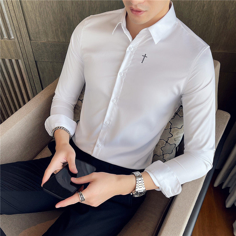 Spring new shirt men's long sleeve casual Korean slim stylist no ironing embroidered shirt men's base inch shirt