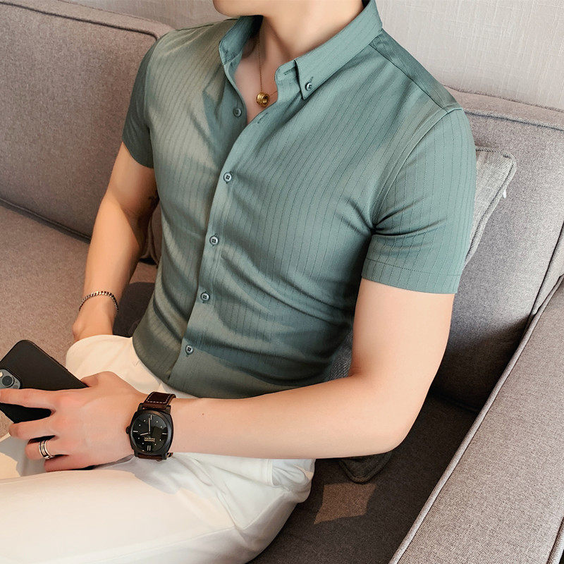 Spring and summer new striped short-sleeved shirt men's Korean version of the trend slim long-sleeved shirt British casual wild inch clothes