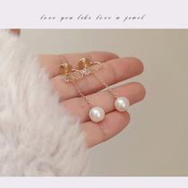 Wind in blowing Song Hui Qiao Tongtong Single 8mm Freshwater Pearl Chain Earrings With Long thin Face Mosquito Coil Ear Clip
