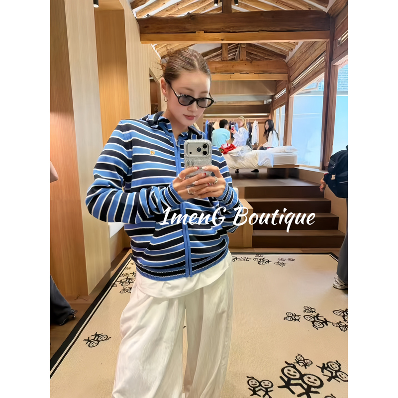 Real Shot Video】Stickman Striped Loose Knit Hooded Cardigan Sweater Coat Blue/Pink Real Shot Video】Stickman Striped Loose Knit Hooded Cardigan Sweater Coat Blue/Pink