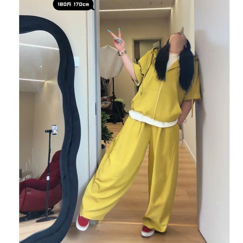 Plus Size Fat mm 150kg Casual Sports Suit for Women Summer Loose Hooded Top Base T-Shirt Wide-Leg Pants Three-Piece Set