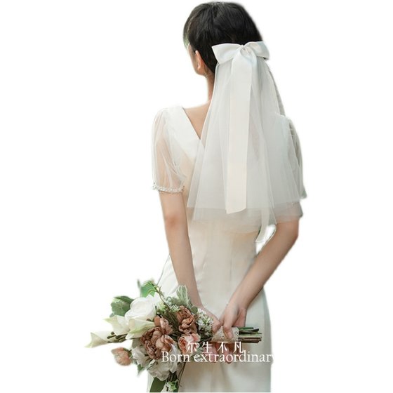 Bridal wedding dress certificate registration main yarn knot wedding bow proposal short simple double-layer photo props veil