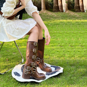Miu* Knight Boots Belt Buckle Chunky Heel Martin Boots Women's Genuine Leather Vintage Over-The-Knee Long Boots Western Cowboy Boots