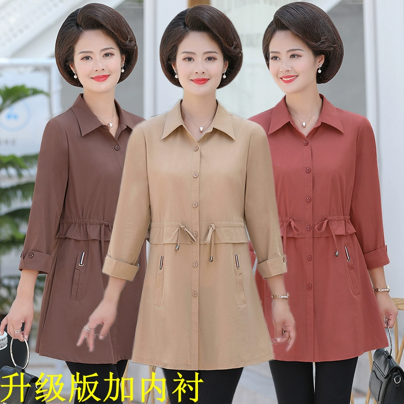 Áo khoác dạ mùa thu cho mẹ trung niên 2019 new 40-50 tuổi áo khoác dạ trung niên thắt lưng áo sơ mi nữ trung niên - Trench Coat