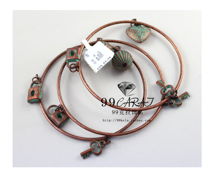 99 Carat Trang sức châu Âu và Mỹ Vintage Copper Love Key Lock Mặt dây chuyền nhiều lớp (HW) vòng tỳ hưu vàng