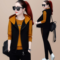 Sports and leisure suit womens autumn 2021 new spring and autumn fashion Korean version thin vest sweater loose three-piece set