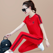 2021 new short-sleeved casual suit womens summer loose Korean edition pure cotton all-white trousers running sports two-piece set