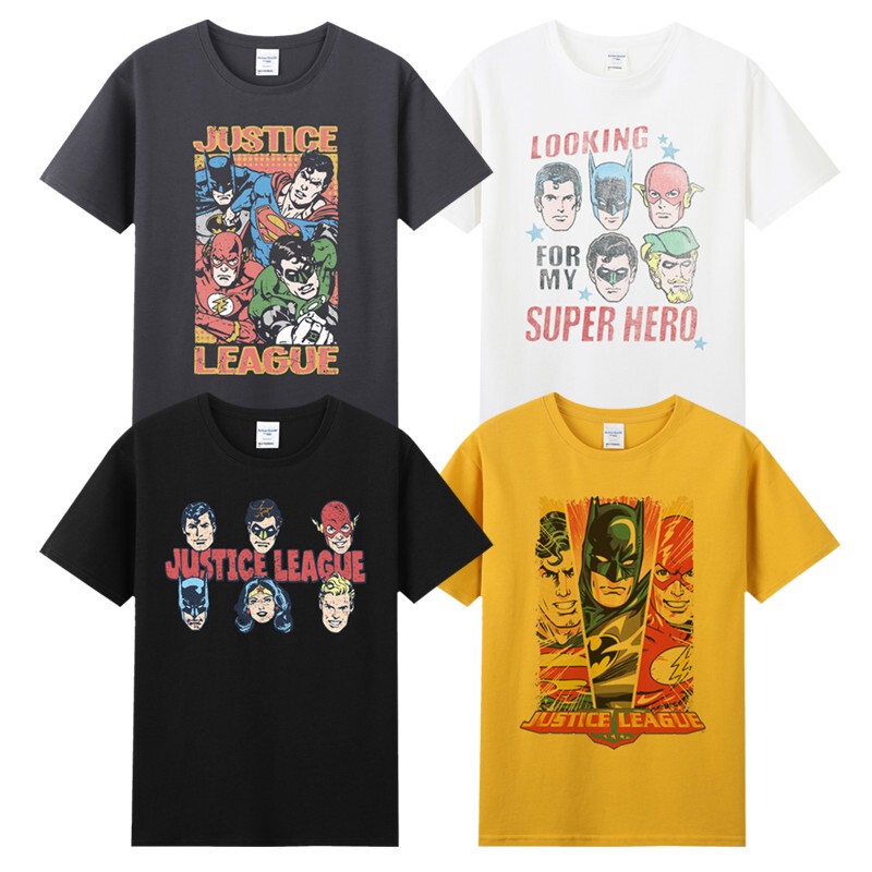 Retro Distressed Print Dc Justice League Justice Superman Batman Flash Merchandise Pure Cotton Short-Sleeved T-Shirt for Men