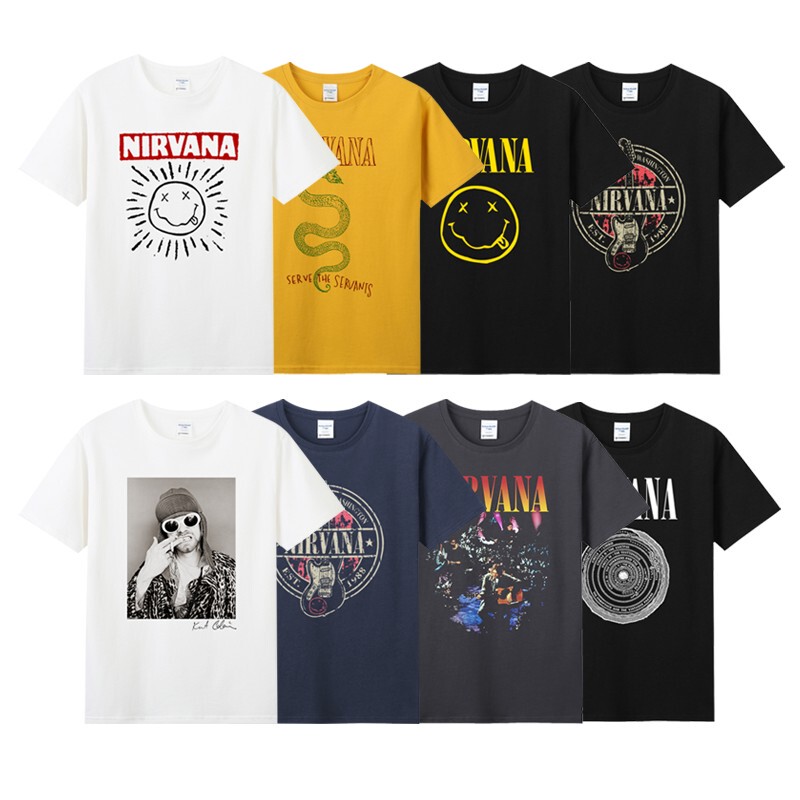 Pure Cotton Round Neck Rock Short-Sleeve T-Shirt for Men, Summer Band Nirvana Kurt Cobain Merchandise Clothing