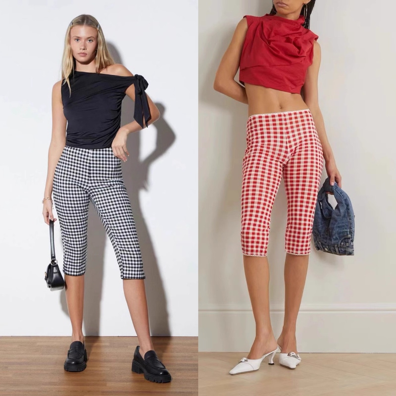 Jhz "Capri Pants" Mature and Stylish Plaid Geometric Cropped Pants with Bubble Fabric and Elastic Waist for Women
