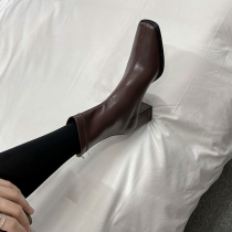  Givenivan thin feet~Square head high-heeled elastic booties Womens thin boots Rear zipper medium heel thick heel 6cm