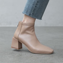 Givenivan nude square head thick-heeled booties Womens mid-heel rear zipper ankle boots Autumn and winter Korean Martin boots