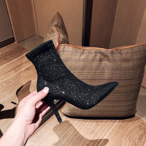  Givenivan thin high-heeled elastic thin boots womens European and American black pointed thin-heeled sexy sequined short boots