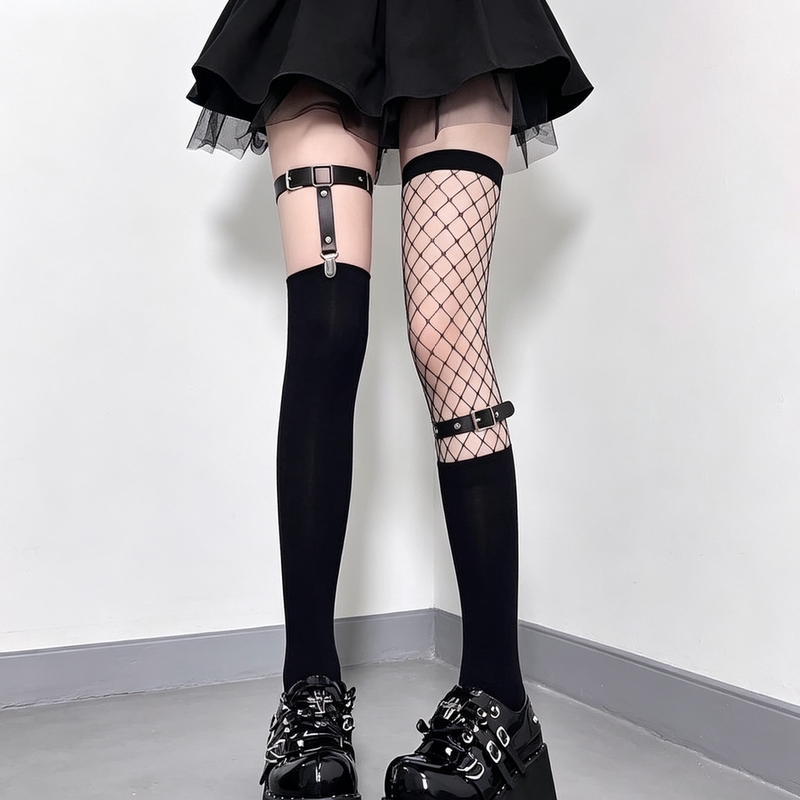 Asymmetrical Garter Thigh-High Over-The-Knee Socks Black Fishnet Stockings Long Punk Adjustable Non-Slip Buckle Belt Y2K